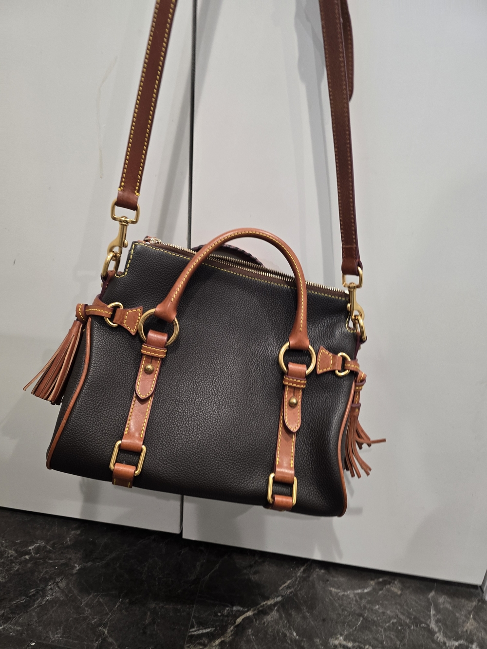 Dooney & Bourke Black Pebble Leather Satchel with Brown Trim and Gold Hardware - Picture 2 of 6